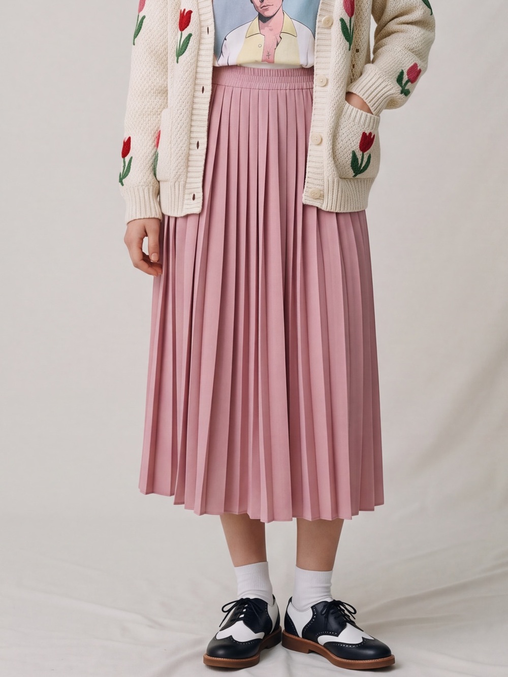 Vintage Pleated Midi / maxi  Skirt Dusty Pink Feminine Preppy coquette